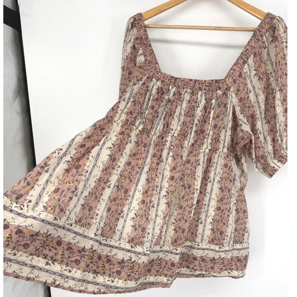 Free People Vintage Lover Floral Striped Puff Cotton Blouse L Cottagecore Boho